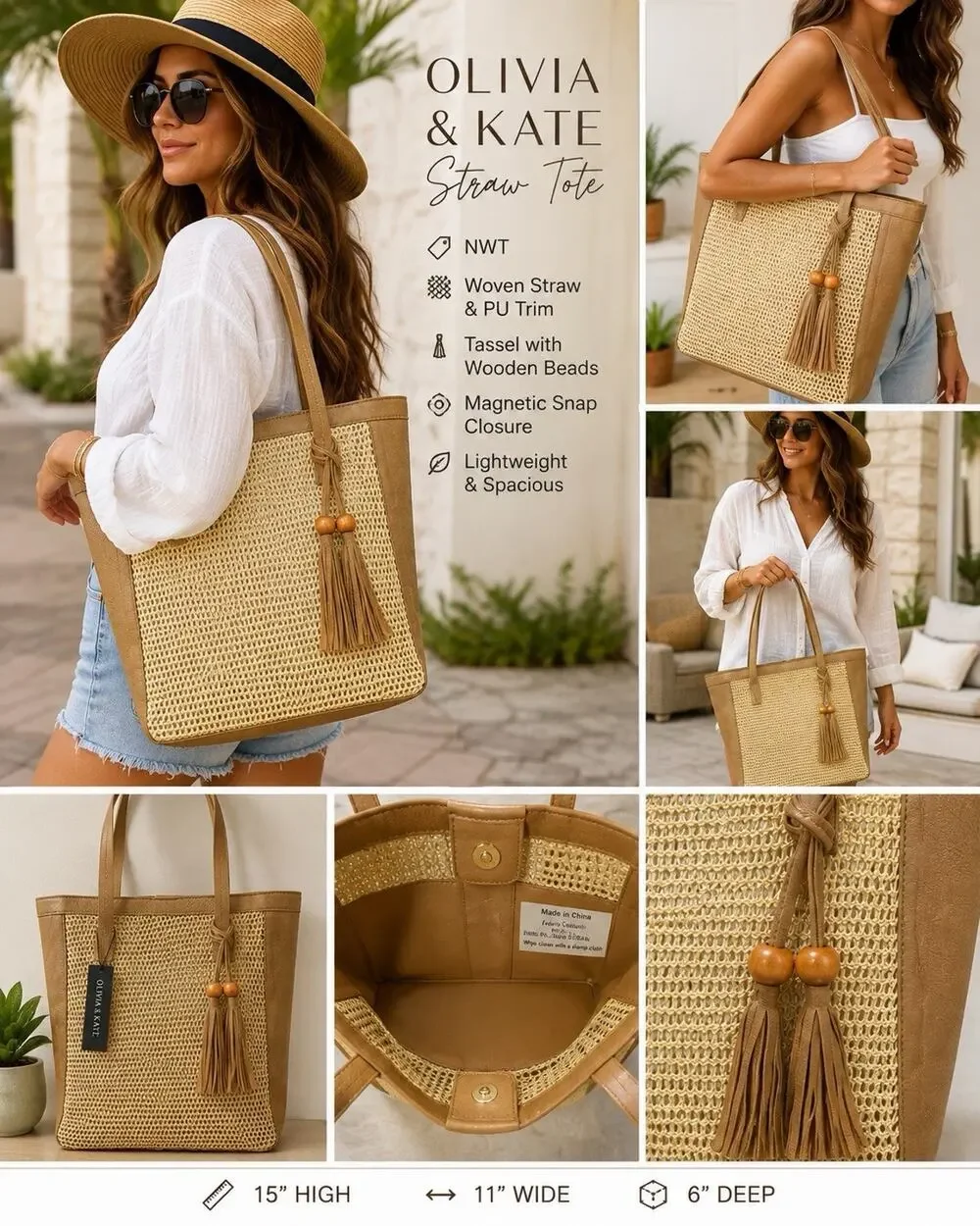 Olivia & Kate Straw Tote Bag NWT Tan Woven Tassel Large Summer Beach Shoulder